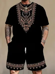 Men's Plus Size Casual Athletic Drawstring Set, Outfit, Short Sleeve Shorts, Print, Ethnic Style, Loose-Fitting, All Seasons, Modern Fashion, Garment, Menswear, Round Neck