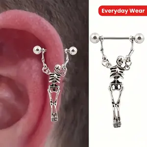 Pair of Hip-Hop Style Stainless Steel Skull Earrings/Nipple Rings, Retro Avant-Garde Style, Long-Lasting Color, Suitable for Halloween and Daily Wear