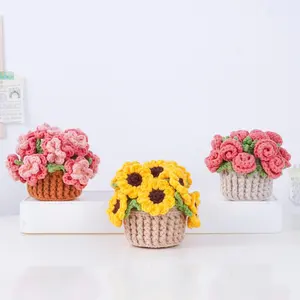 Hand made Flower, Bloom Pot Collection Crochet, Sunflower Coaster Pot Decor, Peach Blossom Coaster Pot, Rose Coaster Pot, Home Decor