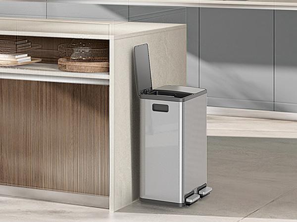 Dual Compartment 16 Gallon Stainless Steel Kitchen Trash Can with Lid and Step Pedals,Fingerprint Proof Garbage Bin for Home and Office