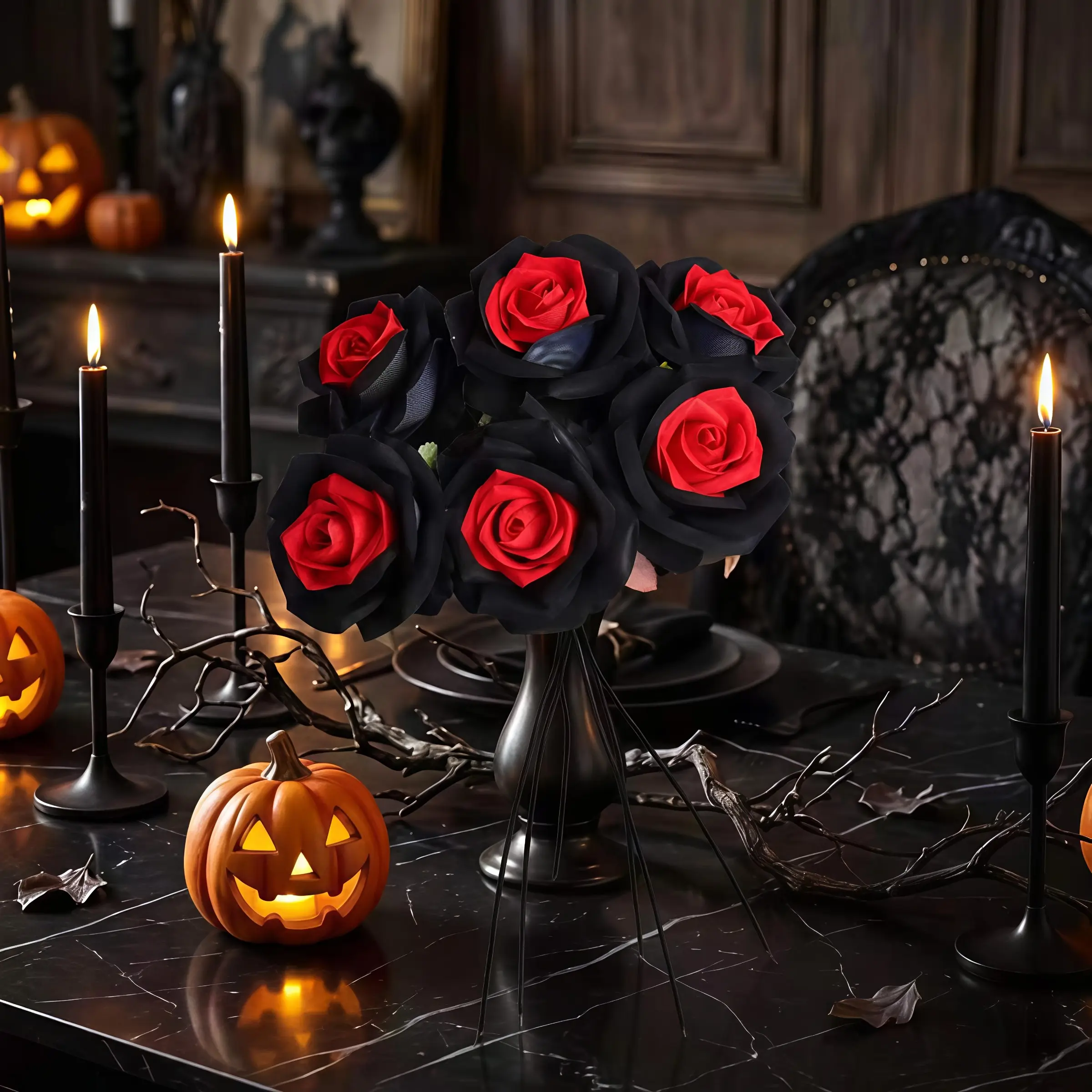 6 Branches Gothic Black Red Artificial Roses, UV Resistant Dustproof No Fade No Watering, Realistic Silk Rose Stem Bouquet, Artificial Flowers Bouquet, Floral Arrangement Table Centerpiece for Halloween Wedding Party Home Indoor Outdoor Decor