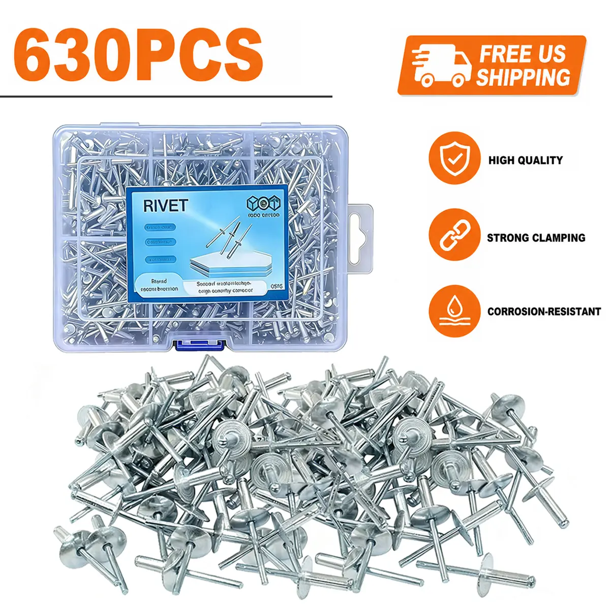 Heavy Duty Durable Stainless Steel Blind Pop Rivets Assortment Kit, 630Pcs Multi-Size 3.2/4/4.8mm Reliable Fasteners for DIY Sheet Metal, Car Repair, Furniture Fastening