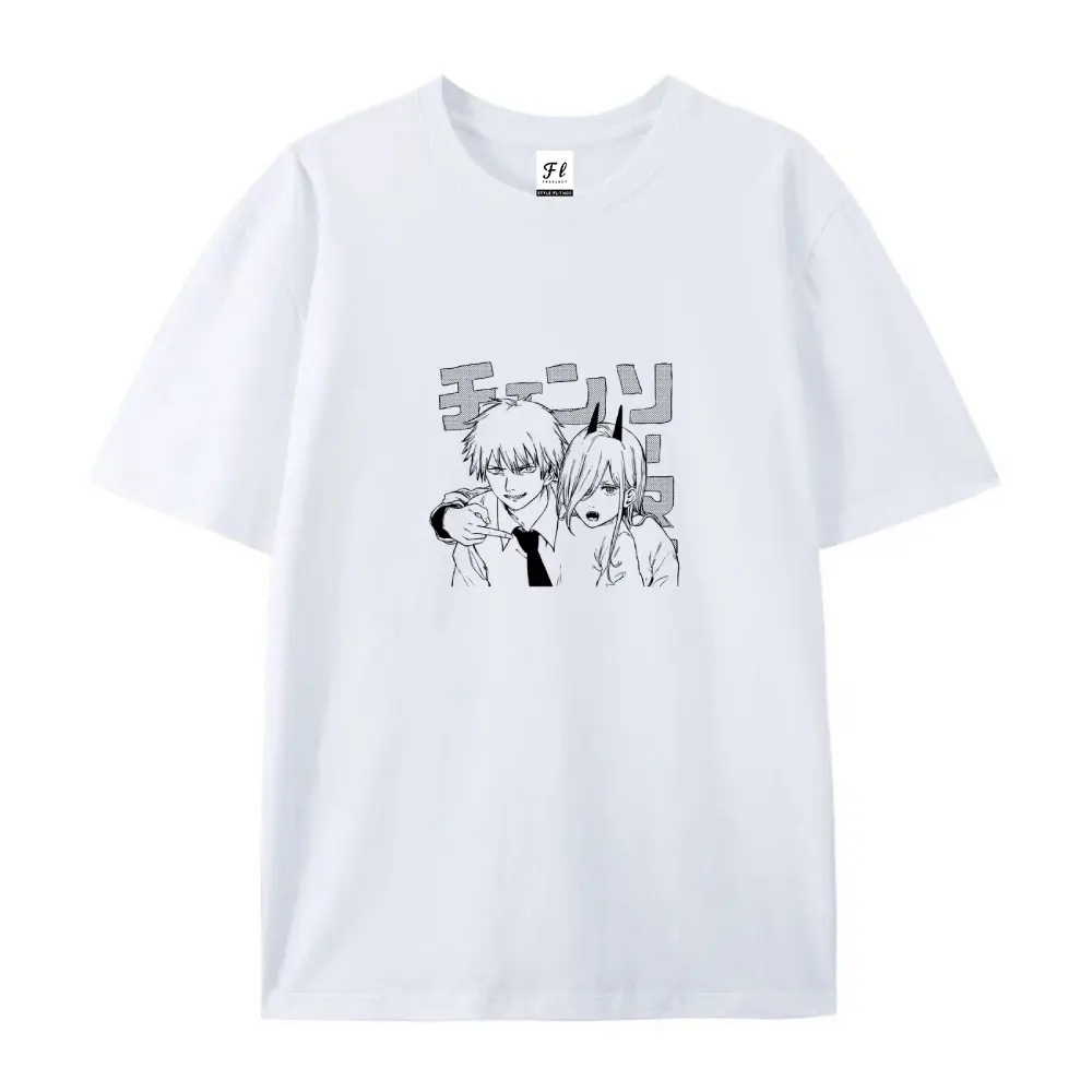 CSM Power and Denji Retro Anime T-shirt, Chainsaw Man character design – Retro anime t-shirt, cotton fabric, made in the USA, dark manga street style, loose A-line fit.