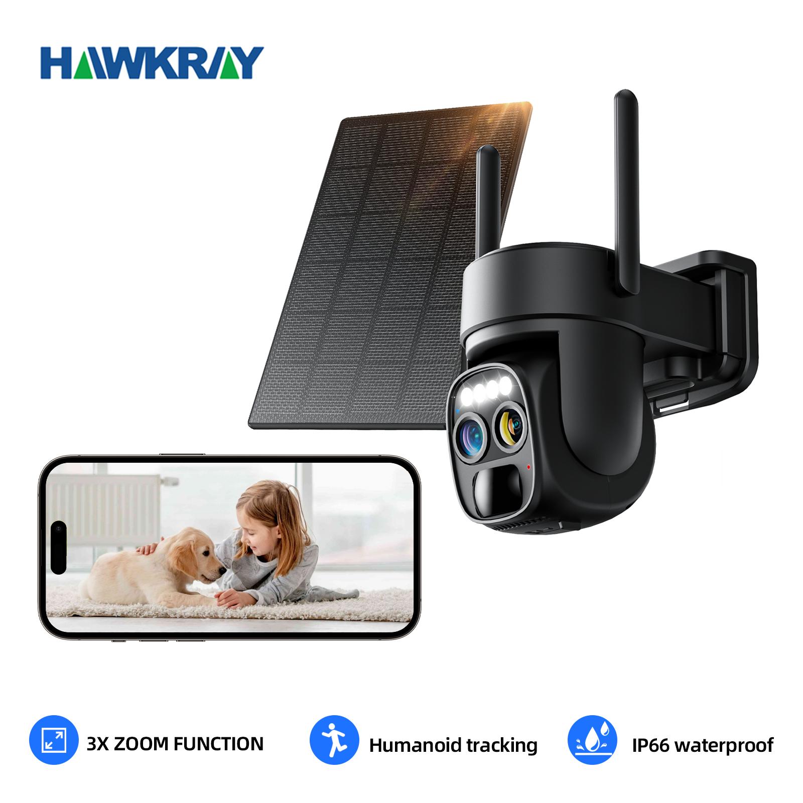 Hawkray Wireless Solar Wi-Fi Security Camera, 10x Zoom, 2K HD Clear Picture, PIR Motion Detection, Color Night Vision, W