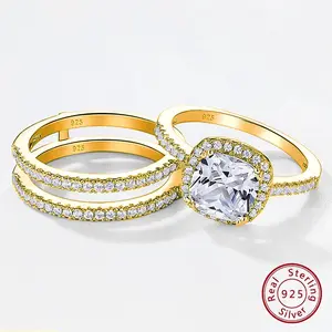 925 Sterling Silver Rose Yellow K Gold Engagement Rings Set for Women Halo Cushion CZ Guard Wedding Bands Enhancer #Love Story