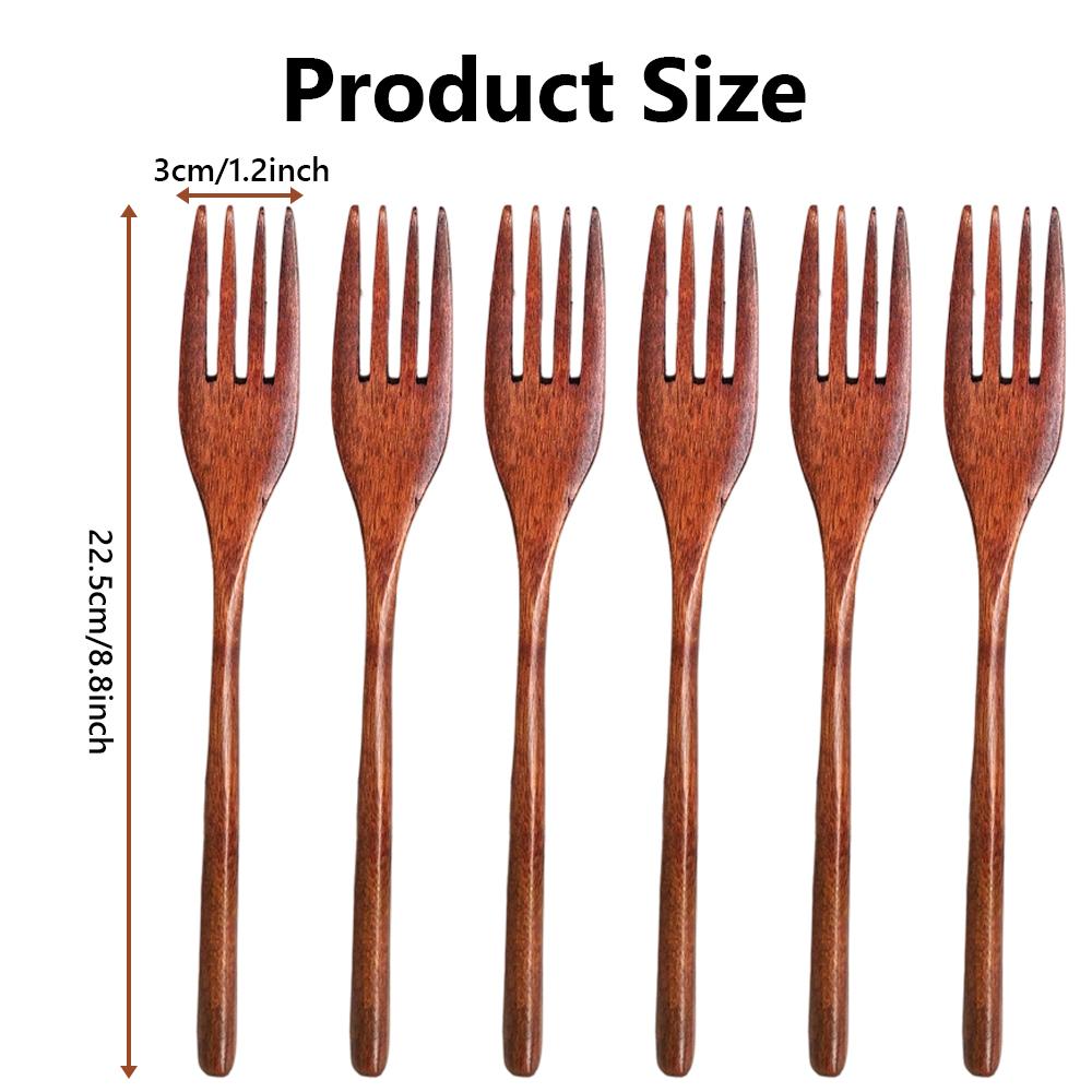 6 Pcs Eco-friendly Japanese Plain Wooden Forks - Reusable Handmade Natural Wood Cutlery Tableware Set, Sturdy Lightweight Durable Easy-to-Clean Flatware for Salad, Outdoor Dining