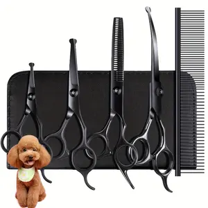 Black Round Head Four-Piece Pet Hairdressing Scissors Set with Comb, Curved Shears, Tooth And Face Shears