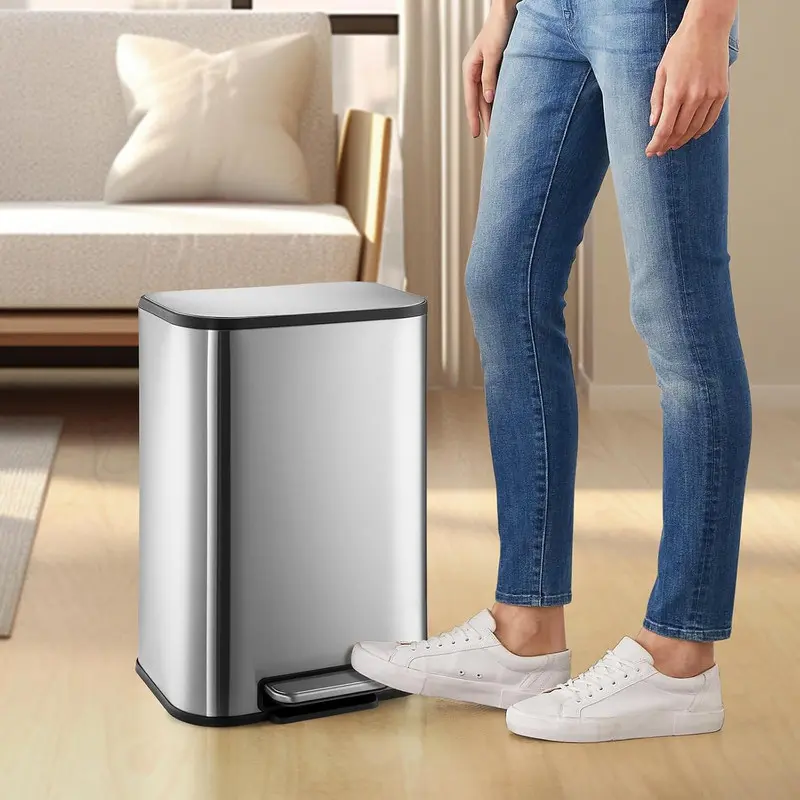 Stainless Steel Bathroom Trash Can - 3.2 Gal/12L Slim Shape, Silent Soft-Close Lid, Fingerprint-Proof, Space-Saving Rectangular Bucket with Foot Pedal, Portable for Home, Kitchen