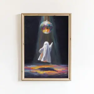 Unframed, Room Decor, Autumn Wall Art, Funny Halloween Party Decor, Cute Ghost Dancing Print, Ghost Printing, Halloween Disco Ball Poster