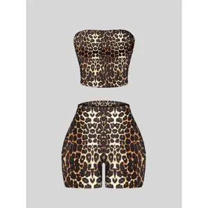 Women’s two-piece set featuring a leopard-print crop top and a form-fitting jumpsuit—casual, fashionable, and comfortable, suitable for everyday outdoor wear; summer women’s clothing; workwear. GARMENTARY