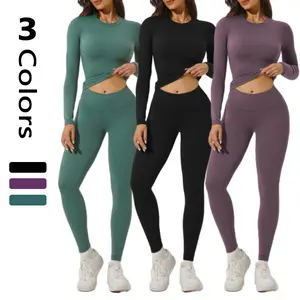 Women's Solid Color Two-Piece Tracksuit Set - Long Sleeve Round Neck Top & Leggings for Yoga Gym Workout Running Tight Fit Sporty