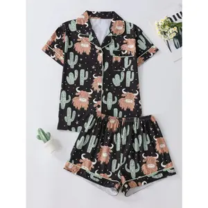 Highland cow print pajamas Short Sleeve Set for Comfortable Sleepwear Soft Fabric Easy Care Ideal for Everyday Wear