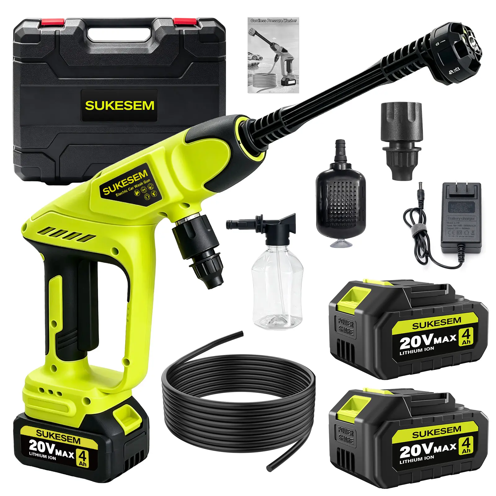 SUKESEM Cordless High Pressure Washer, Portable Lithium Power Washer with 4.0Ah Battery & Charger, Equipped with Spray Nozzles and Foam Cannon, for Car Washing, Patio & Garden Cleaning