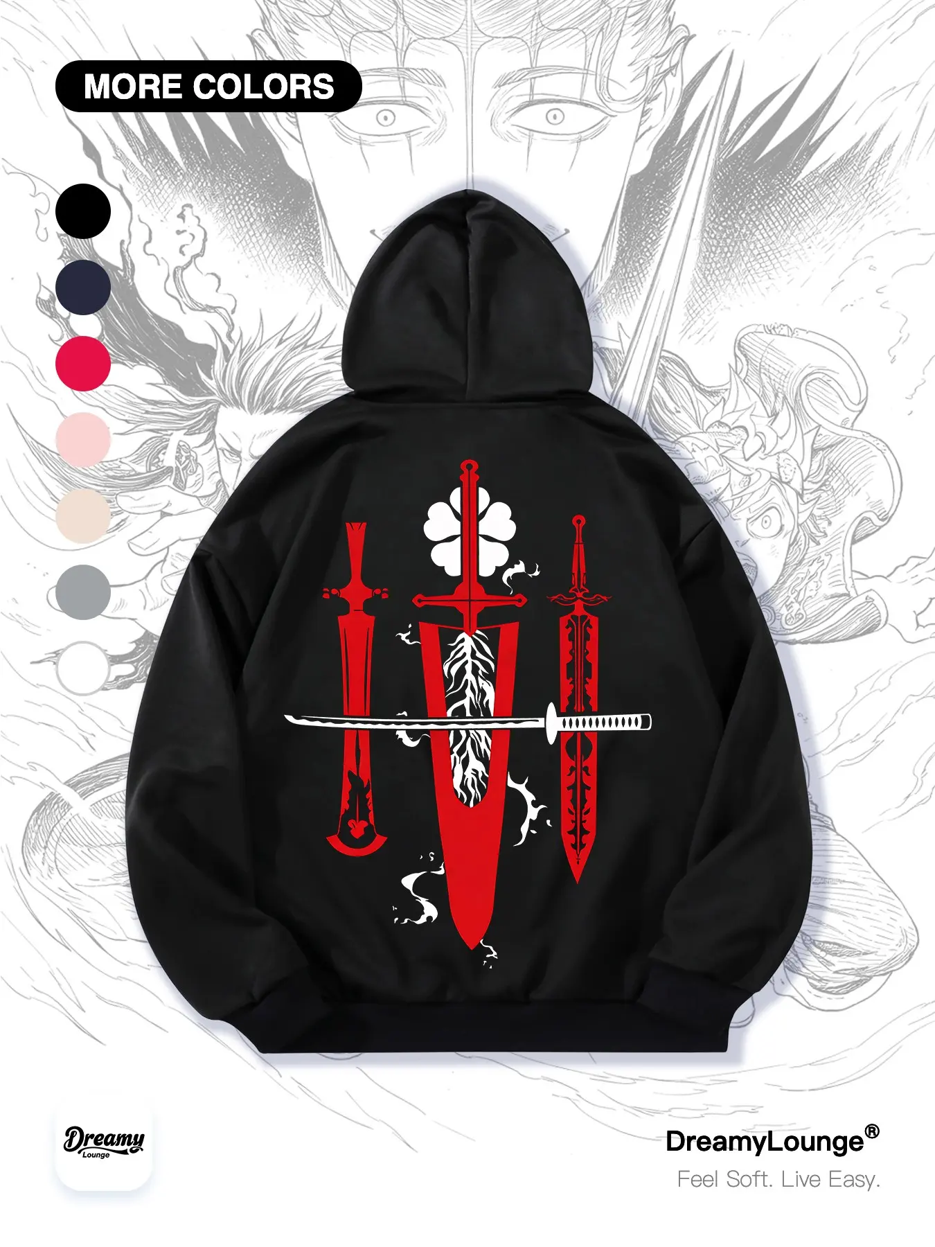 Clover Asta Classic Weapon Print Hoodie, Loose Fit Casual Graphic Hoodie Sweatshirt with Pockets, Breathable Hoodies for Outdoor and Home Wear
