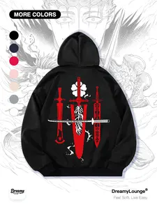Clover Asta Classic Weapon Print Hoodie, Loose Fit Casual Sweatshirt with Pockets, Breathable Hoodies for Outdoor and Home Wear