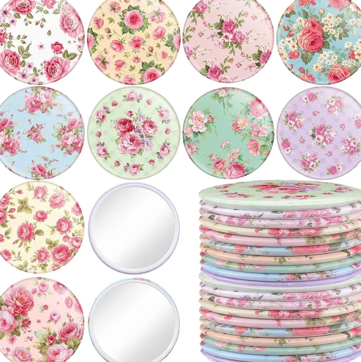 20 Pcs Rose Vintage Compact Mirrors Bulk for Women 2.76 in Round Floral Pocket Makeup Mirror Gifts for Tea Party Birthday Bridal Baby Shower Wedding Party Supplies Decor