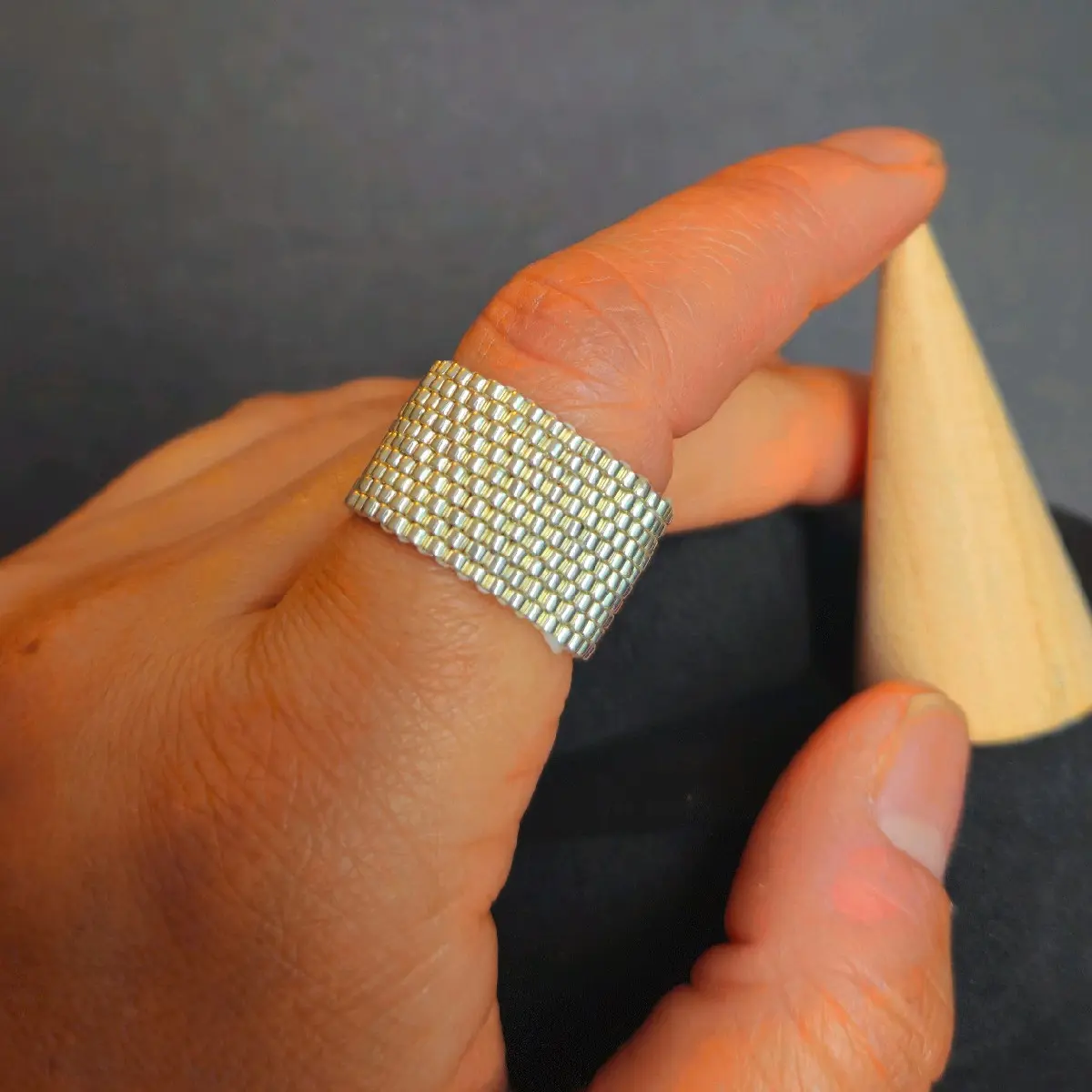 Handmade Peyote Ring with Silver Beads and Galvanized Miyuki Delica Beads - Statement Ring to Elevate Your Style