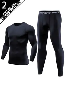 Men's 2-Piece Sports Underwear Set with High Elastic Polyester and Spandex Fabric, Long Sleeve Compression Shirt and Pants for Running Basketball Training Outdoor Activities, Tight Leggings
