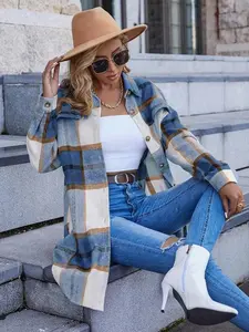 Spring and Autumn Women's Casual Long-Sleeve Plaid Long Jacket Coat