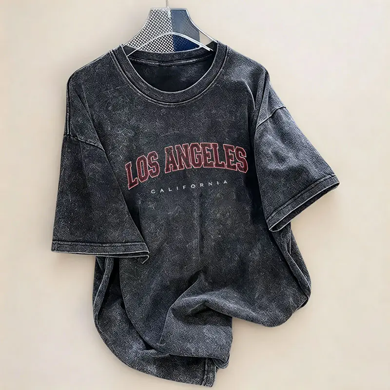 LOS ANGELES CALIFORNIA Letter Print Summer Men's Trendy Drop-Shoulder Sleeve High-Quality Thickened Heavyweight Oversized Premium Distressed Washed Pure Cotton Crew Neck T-Shirt
