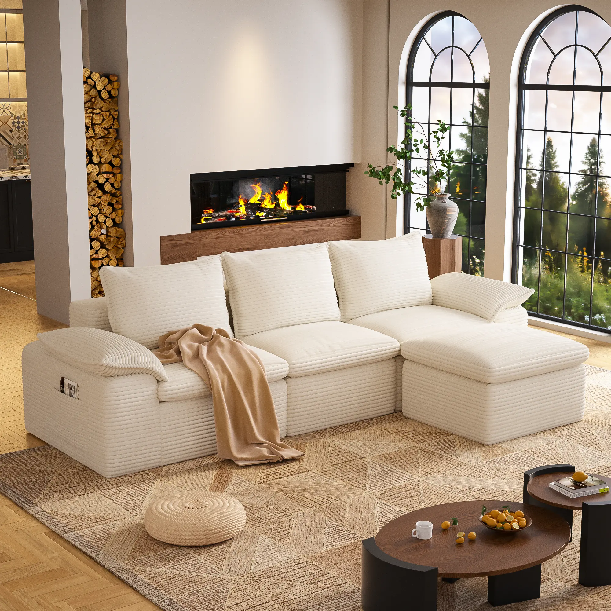 Cloud Modular Floor Sofa Bed, 81" Corduroy Convertible Loveseat L Shape Sleeper, No-Assembly Memory Foam Couch, Washable Cover & Non-Slip Bottom, Ideal for Small Space, Apartment, Guest Room