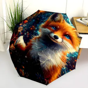 1 PC Automatic Folding Umbrella - Magical Fox in a Floral Garden Pattern, Portable & Foldable Design with 8 Ribs, Merry Christmas Pattern,Casual Outdoor Accessory Halloween and Christmas Birthday Gifts. K0098