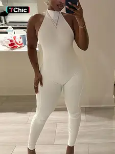 Women's Sexy Halter Neck Tie Waist High Waist Bodycon Jumpsuit, Fashion Chic Solid Sleeveless Backless Slim Fit One-Piece, Street Casual Womenswear for Spring Summer New