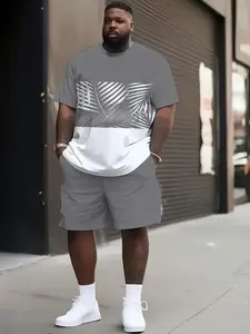 Plus Size Man 3D Simple Leaf Pattern Streetwear Summer Cool Vibes Loose Casual Round Neck Short Sleeve Shorts Set