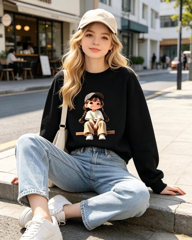 Women's 3D Cute Braided Girl Graphic Fitted Cut Long Sleeve Crewneck Sweatshirt - Comfortable Casual Boho Fall Pullover Tops for Women, Medium Length Hoodie Stylish Design