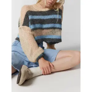 Women's Cropped Sweaters Long Sleeve Round Neck Striped Print Knit Pullover Casual Tops Blouse Sling Stripes Early Autumn Round Neck Fashion Color Matching Short Style Inner Long-Sleeved