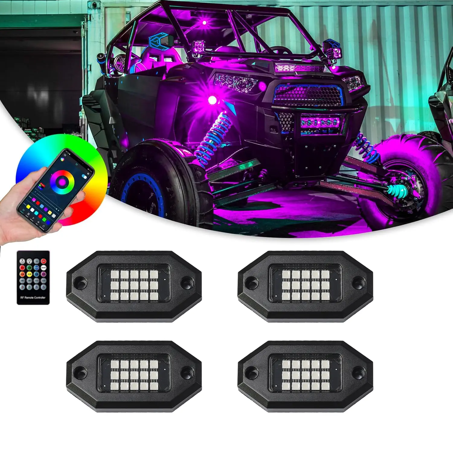 RGB Rock Lights 4/8/10 Pods Waterproof Multicolor Neon Underglow Kit with Remote, Bluetooth App, Switch 3 Way Control, Music Mode Wheel Well Light for Trucks Pickup UTV SUV ATV