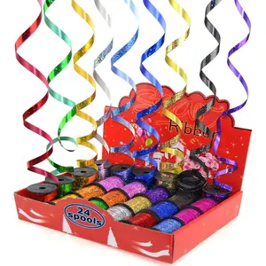 Star 3/16" and 3/8" Holographic Sparkles Curling Ribbon in 12 Colors | 24 Spools in Products Display Quickly | Sparkly Ribbon Great for Gift Wrap and Balloon String