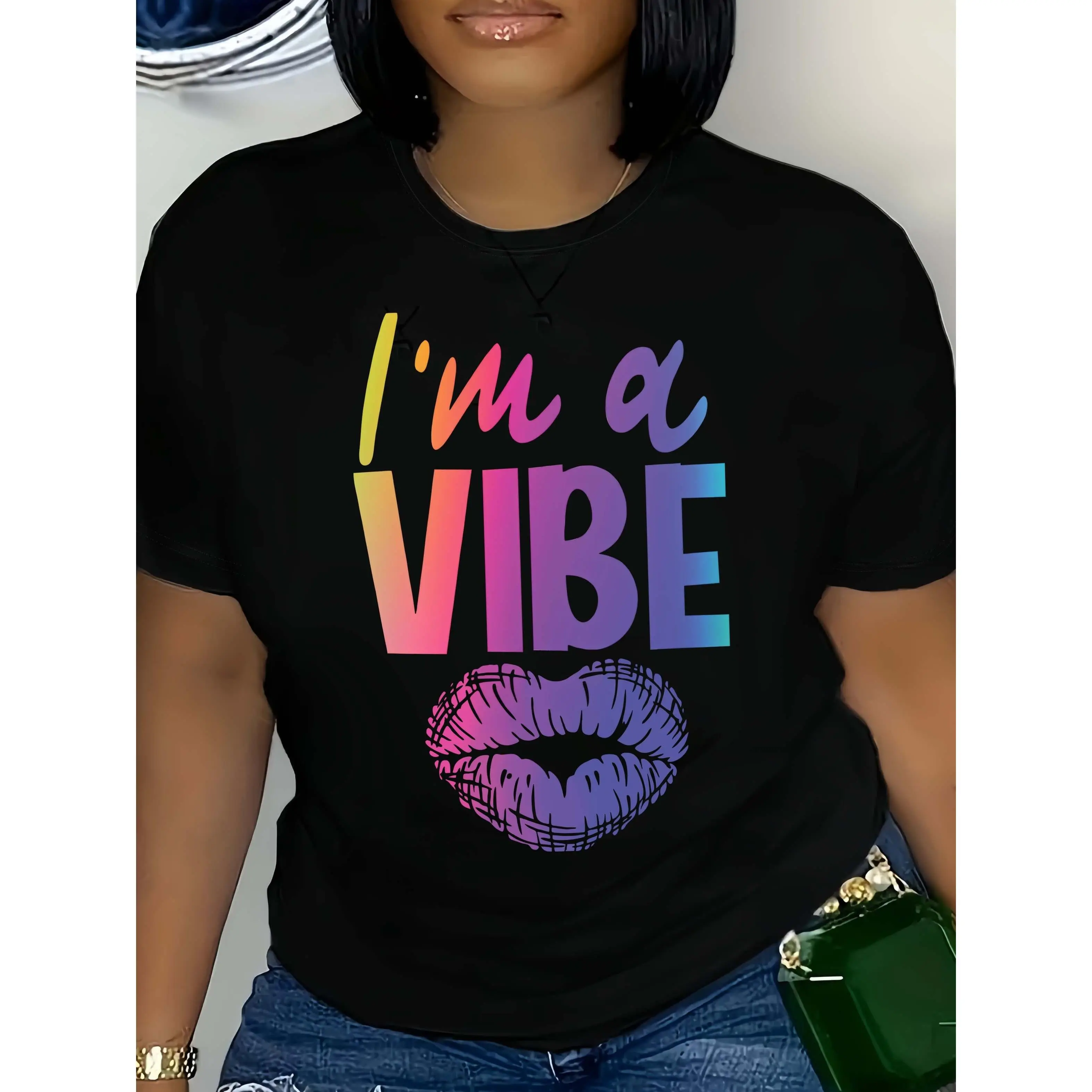 vibe monogram Print T-shirt, Soft Polyester blend, suitable for all seasons, casual crew neck, short sleeve, soft polyester blend, machine washable, Printed pattern, Fitted style, Spring/Summer Fashion, Stretch knit fabric, crew neck, black