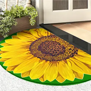 Large Flower Sunflower Half Round Flannel Mat, Absorbent Non-Slip Multi-Size Carpet, Living Room Bedroom Farmhouse Decor Rug, Floral Area Rug