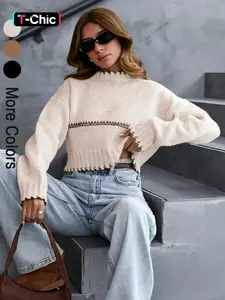 Women's Casual Colorblock Round Neck Drop Shoulder Long Sleeve Short Sweater Knitwear, Elegant Geometric Pattern, Spring & Fall Fashion