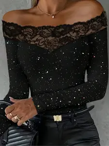 Elegant Romantic One-Shoulder Long Sleeve T-Shirt Top with Lace Patchwork and Sequins, Perfect for Women's Fashion Parties