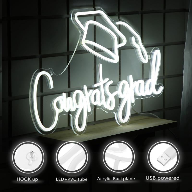 Congrats Grad LED Neon Sign, Graduation Party Decor, Warm White Grad Light Up Letters, Adjustable Congrats Graduation Sign,  LED Light Sign Dorm Room Backdrop, Celebration Gift for Class Congrats Grad(White,Congrats Grad Neon Light)