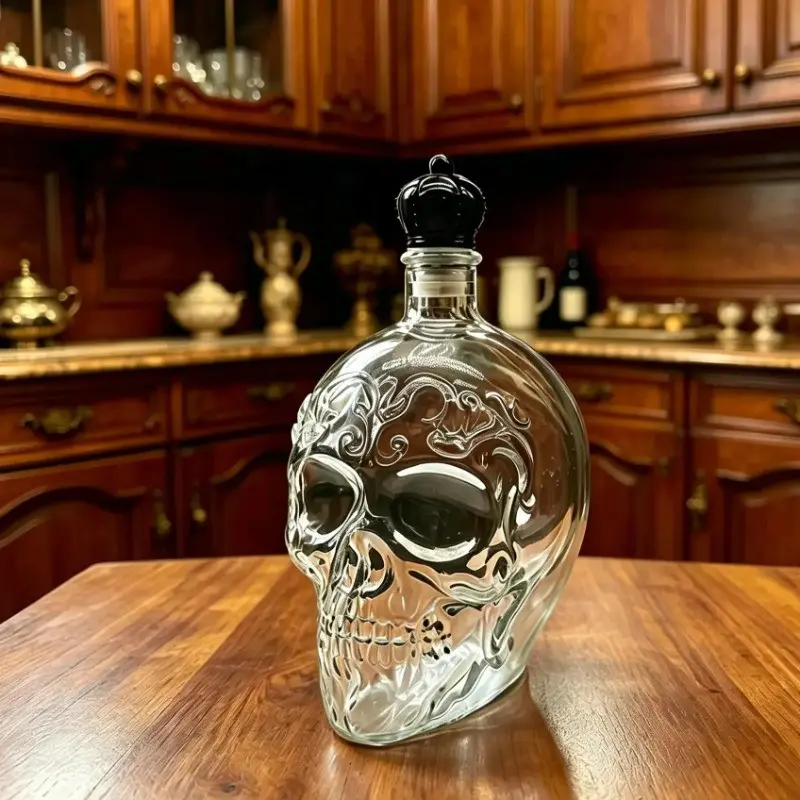 Vintage Carved Skull Whiskey Decanter, Gothic 3D Sculpted Clear Glass Liquor Bottle, Unique Bar Decor, Spooky Halloween Home Accent