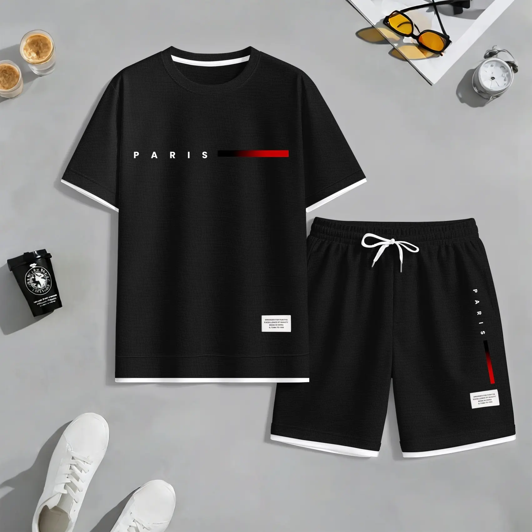 Men's Parisian print drawstring shorts set for spring/summer, a casual summer outfit including a short-sleeved shirt and shorts, suitable for everyday wear and sports. A two-piece set for a relaxed and energetic lifestyle.