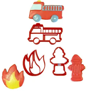 FIRE TRUCK COOKIE CUTTER WITH FLAME AND HYDRANT Hook And Ladder Engine, Spark Blaze And Fireplug Spigot Cookie Cutters For First Responders Firemen Firefighter Heroes For Birthday Graduation (3 Pack)