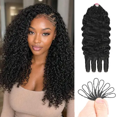 Burmese Curly Crochet Human Hair 18 Inch 240g 4 Packs Knotless Pre-Separated Feather Crochet Hair for Black Women Invisible Miracle Knots Bundles Reusable Human Hair Extensions Natural Black