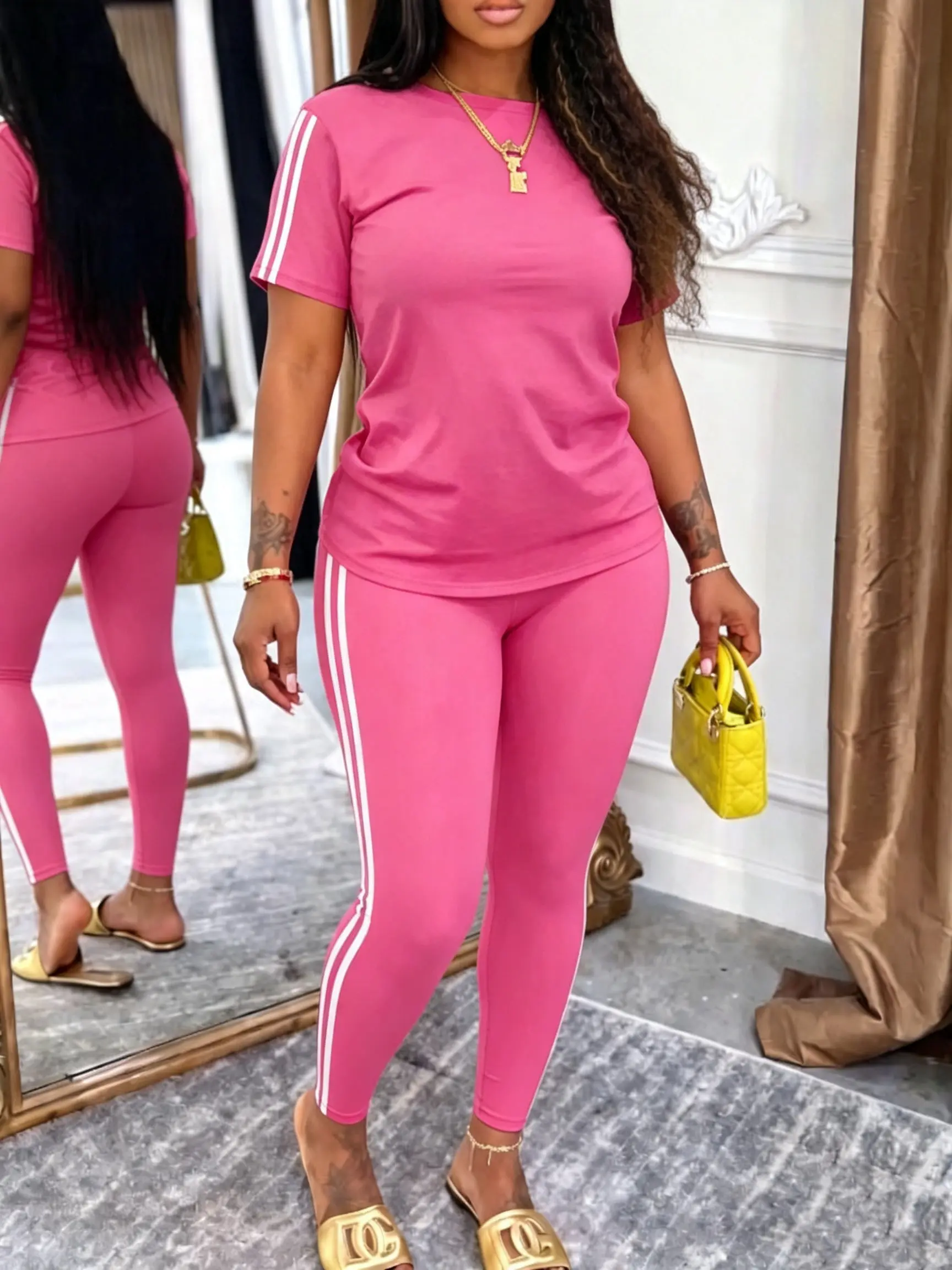Women's Side Striped Tee & Pants Set, Casual Sporty Fitted Round Neck Short Sleeve T-Shirt & Trousers, Ladies Summer Clothes, Top Outfit Everyday, Athleisure Workout Set, Fitness Tracksuit, Athleisure Outfits, Casual Activewear Set