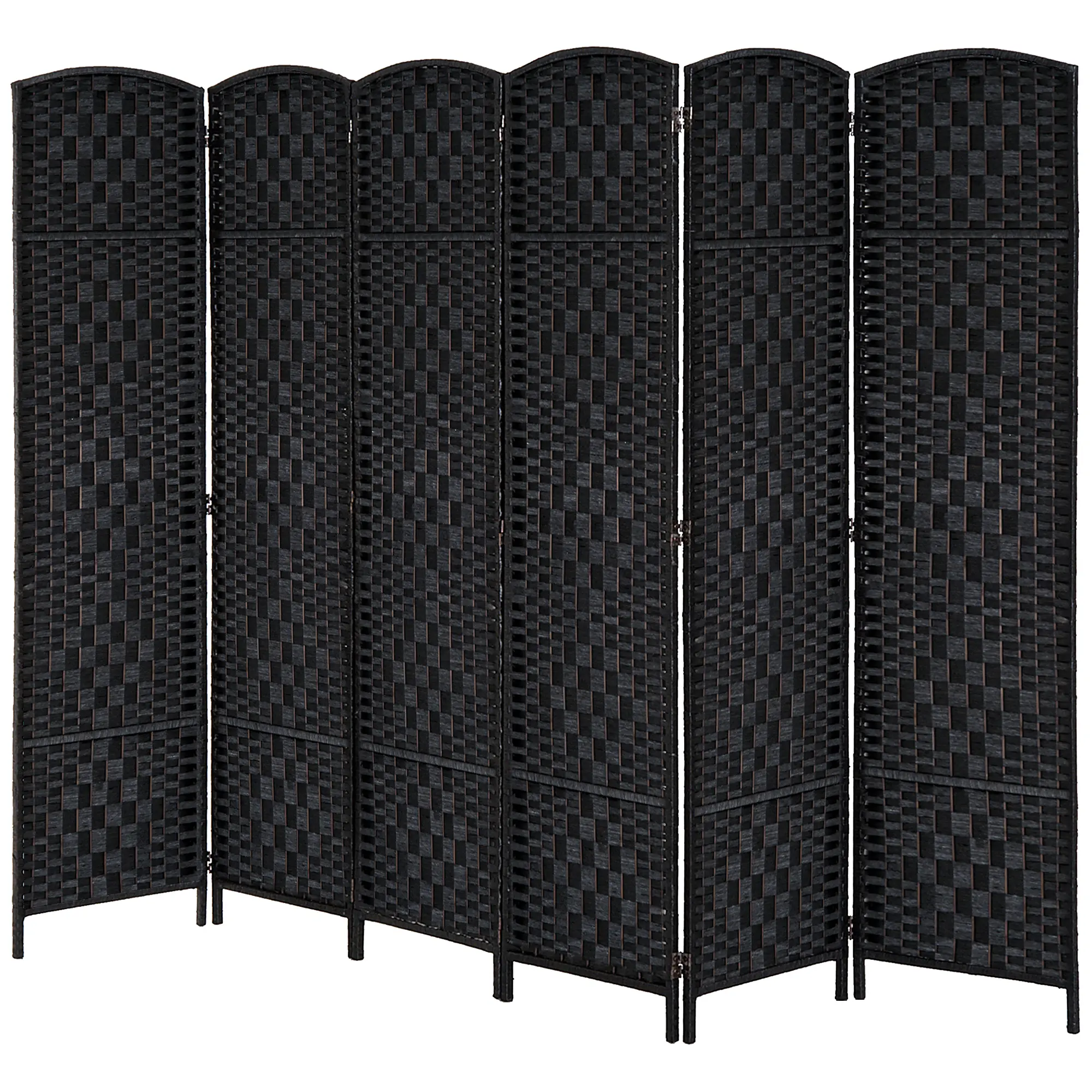 Six panel six foot tall black freestanding folding room divider with paper rope diamond weave arched top and full 360 degree hinges creates private separated zones for bedroom living room and home office areas