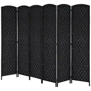 Six panel six foot tall black freestanding folding room divider with paper rope diamond weave arched top and full 360 degree hinges creates private separated zones for bedroom living room and home office areas