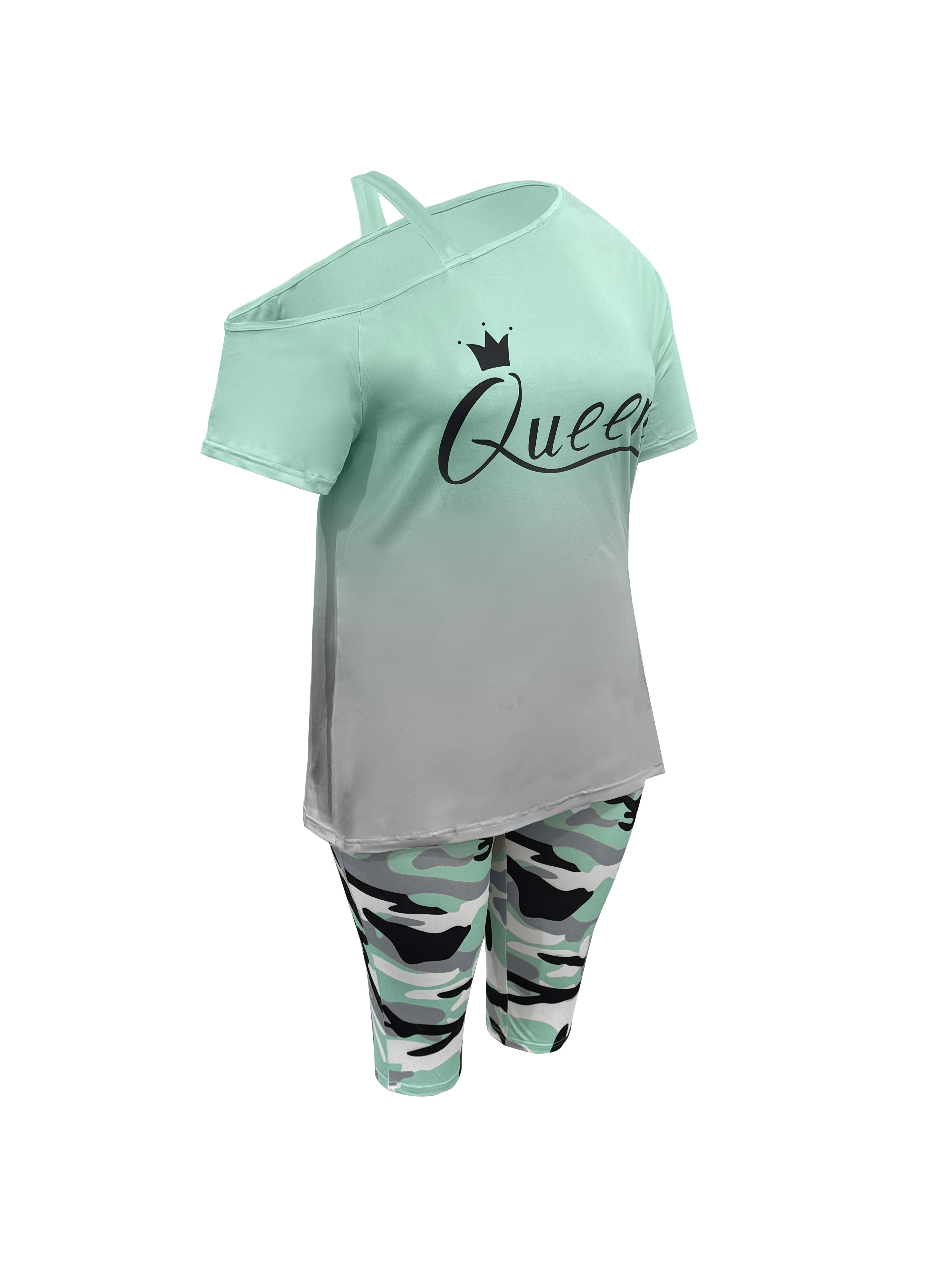 Women's 2-Piece Casual Chic Cowl Neck Shortsleeve Outfits - "Queen" Lettering Camisole, Camouflage Shorts, Casual Vacation Wear, Casual Chic Set