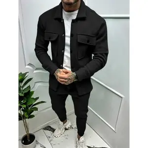 Men's Suede Jacket & Pants Set, Fall Winter Windproof Warm Lining, Business Casual Stretch Fabric Two-Piece