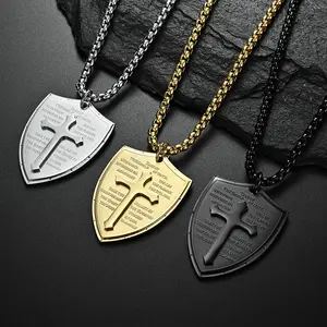Cross Necklaces for Men Gold Stainless Steel Chain 24 Inch Shield Pendant Engraved Ephesians 6.16-17 Shield of Faith Cross