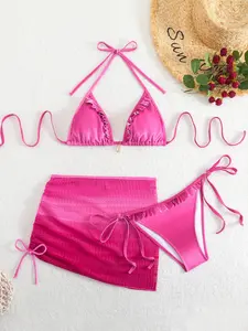 Summer New Gradient Color Ruffle Swimsuit Sexy Mesh Skirt 3 Piece Set Women's Swimwear Bikini, Stylish Beach Wear for Ladies