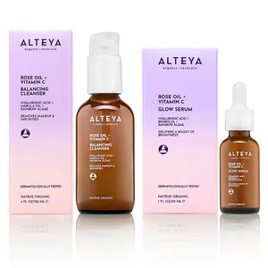 Facial Cleanser + Serum Set - Organic Facial Skincare with Gentle Foaming Cleanser and Brightening Serum - Hyaluronic Acid for Dewy Radiant Skin