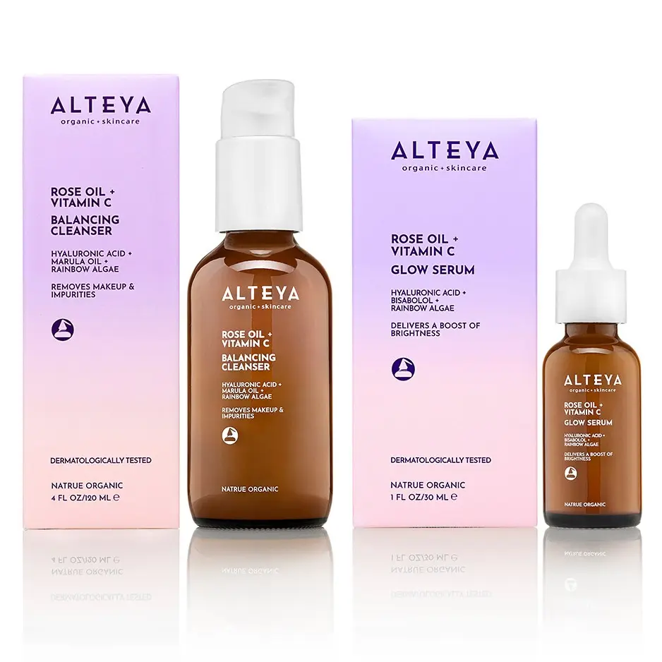 Facial Cleanser + Serum Set - Organic Facial Skincare with Gentle Foaming Cleanser and Brightening Serum - Hyaluronic Acid for Dewy Radiant Skin